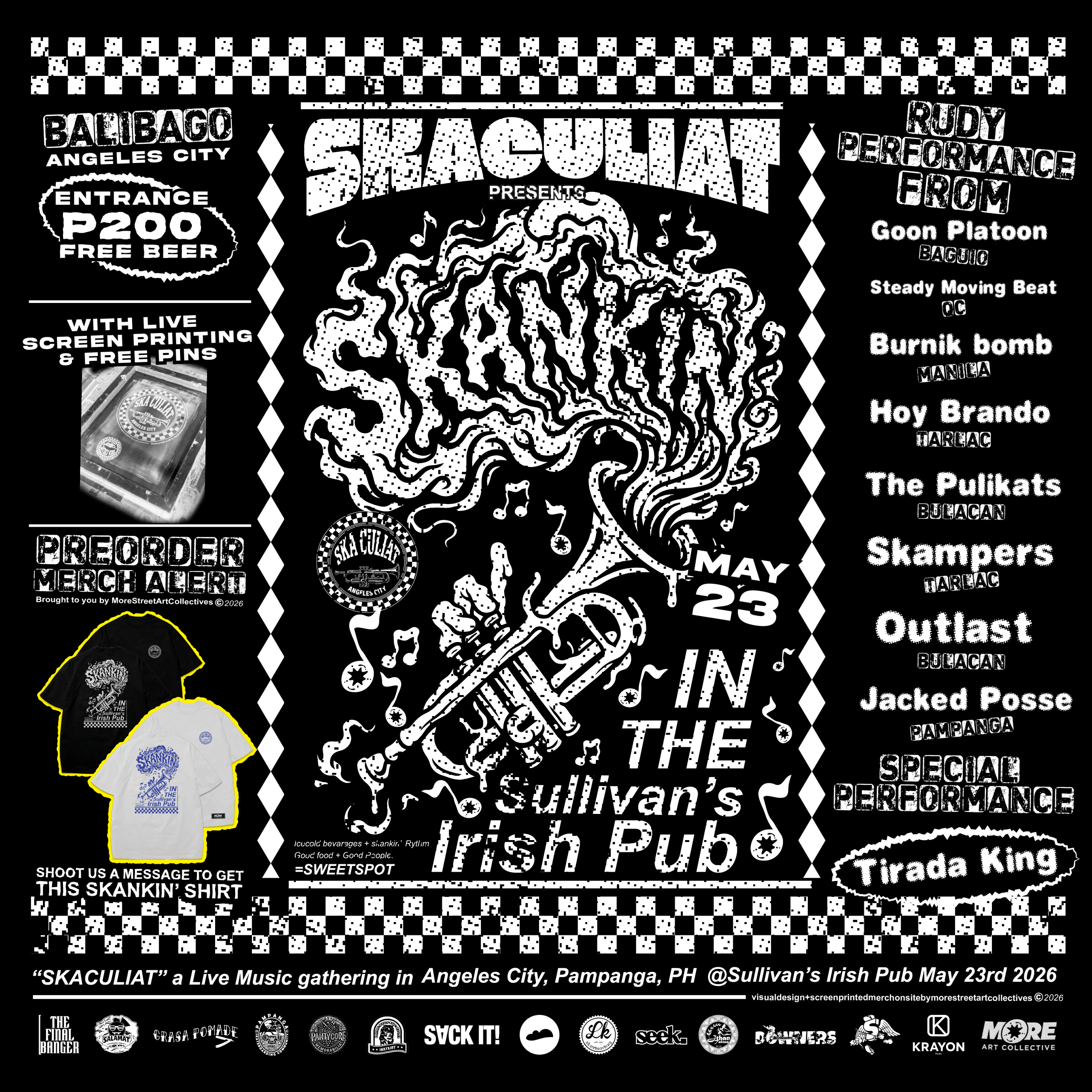 Black and white poster for a music event at The Sullivan's Irish Pub with a trumpet illustration.